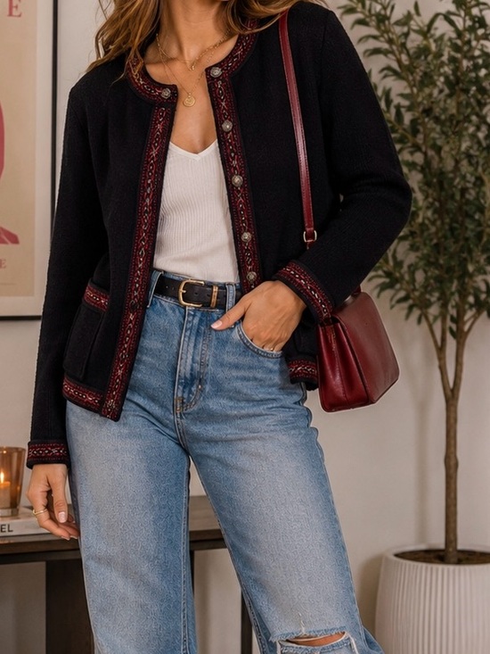 L.L. Bean Jackets & Blazers - L.L. Bean Vintage Black Wool Cardigan with Red Accents